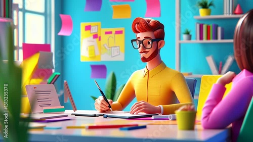 Creative 3D Cartoon Characters Brainstorming  in a Colorful Office