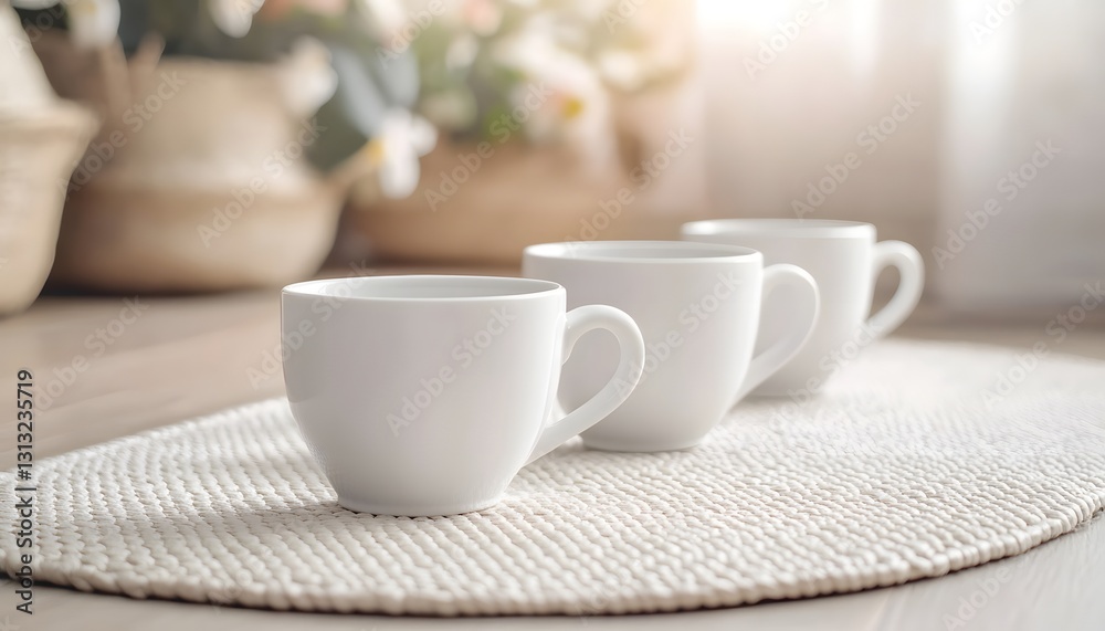 Fototapeta premium Three White Coffee Cups Resting On A Placemat