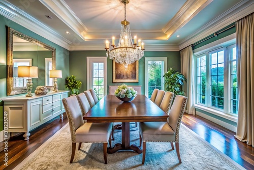 Elegant Dining Room Renovation  Crystal Chandelier   Gradient Walls - Aerial View
