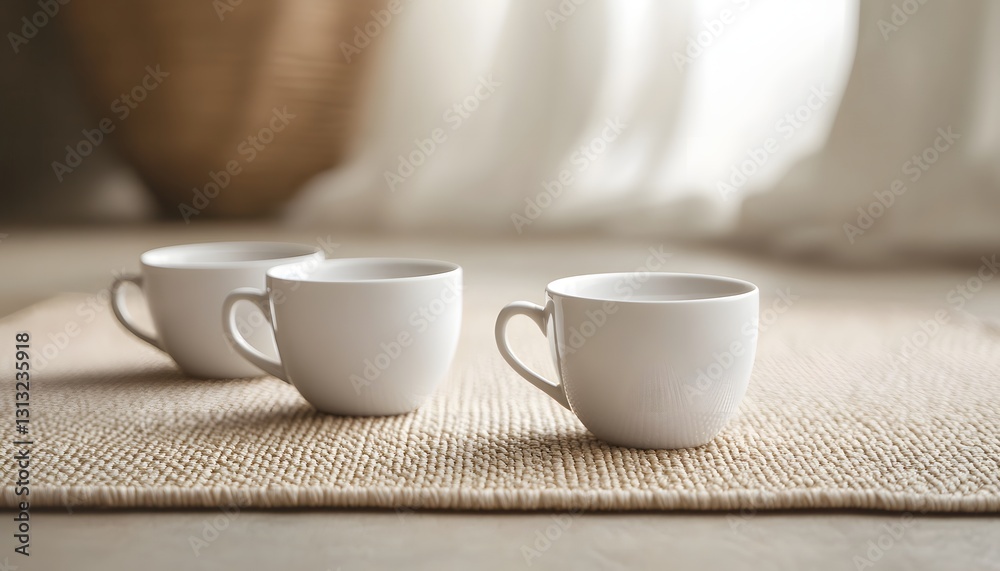 Three White Coffee Cups On A Beige Mat Three White Coffee Cups On A Beige Mat