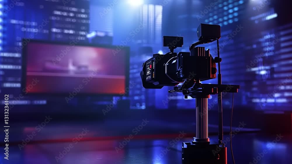 Professional camera set in a vibrant urban studio with city skyline backdrop and lighting effects