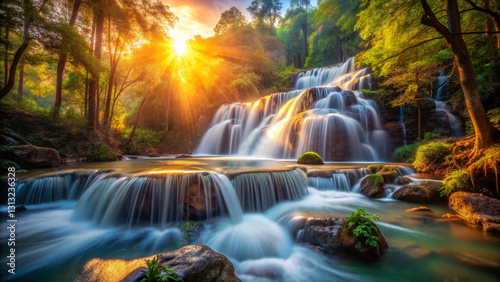 Breathtaking waterfall cascading through lush greenery, illuminated by golden sunlight. serene natural landscape showcasing beauty of nature and tranquility