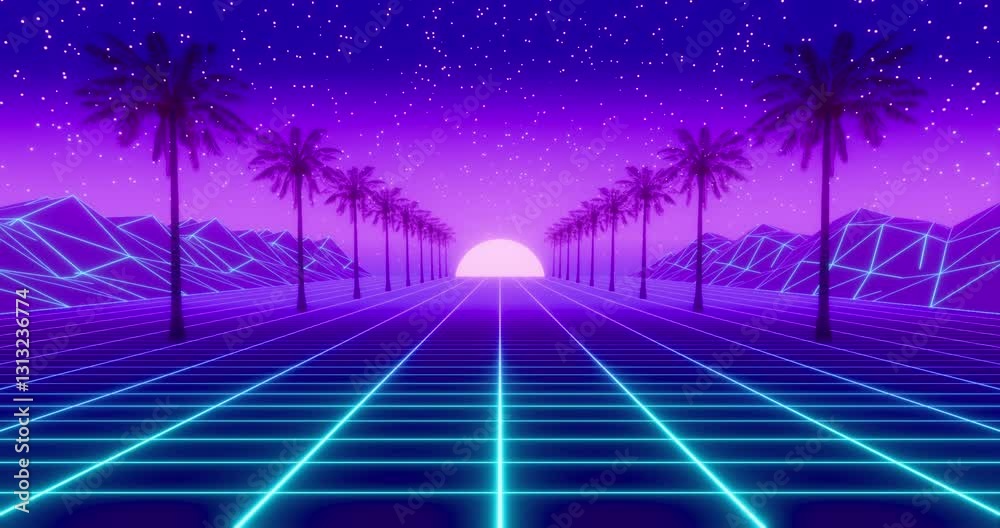 Futuristic glowing neon wireframe background. Shining grid planes in perspective. Bright retro digital horizon. Palm trees and mountains against sunset starry sky. 4K 3D rendering loop animation.