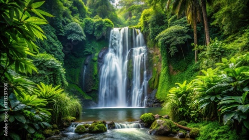 waterfall amidst dense foliage, waterfall, outdoor scenery,  waterfall, outdoor scenery