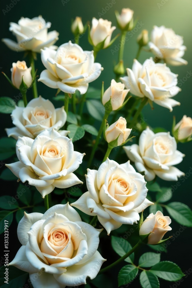 Fototapeta premium A profusion of pristine white roses in full bloom , romantic, floral, leaves