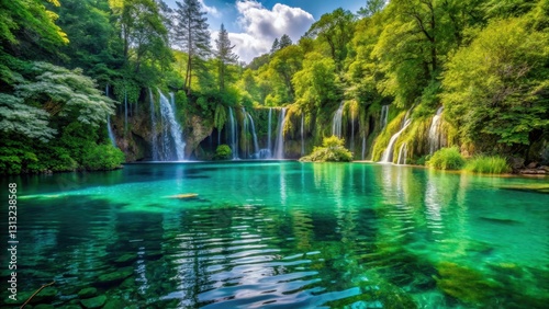 Serene turquoise lake surrounded by lush greenery and waterfalls in Plitvice National Park, Croatia, beautiful turquoise lakes, waterfalls