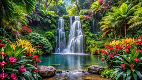A lush tropical garden with vibrant flowers and foliage surrounding a majestic waterfall in the background, creating a serene and peaceful atmosphere, paradise found, floral
