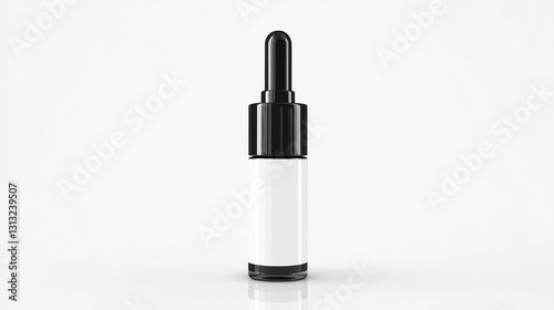 Dropper bottle with black cap standing on white surface with soft light