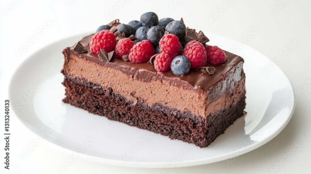 Chocolate Cake with Berries and Chocolate Shavings on White Plate Chocolate Cake with Berries and Chocolate Shavings on White Plate
