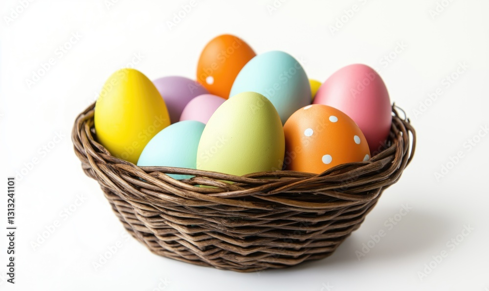 A wicker basket with colorful Easter eggs, isolated against a pure white background. Perfect for Easter festivities, seasonal marketing, or holiday greeting cards. A wicker basket with colorful Easter eggs, isolated against a pure white background. Perfect for Easter festivities, seasonal marketing, or holiday greeting cards.