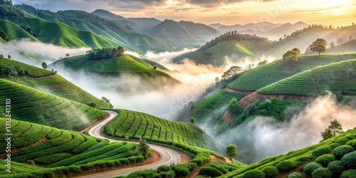 Winding road surrounded by steep cliffs and lush green tea plants, misty fog rolling in from the valley below, with a meandering stream running alongside , winding road, da lat