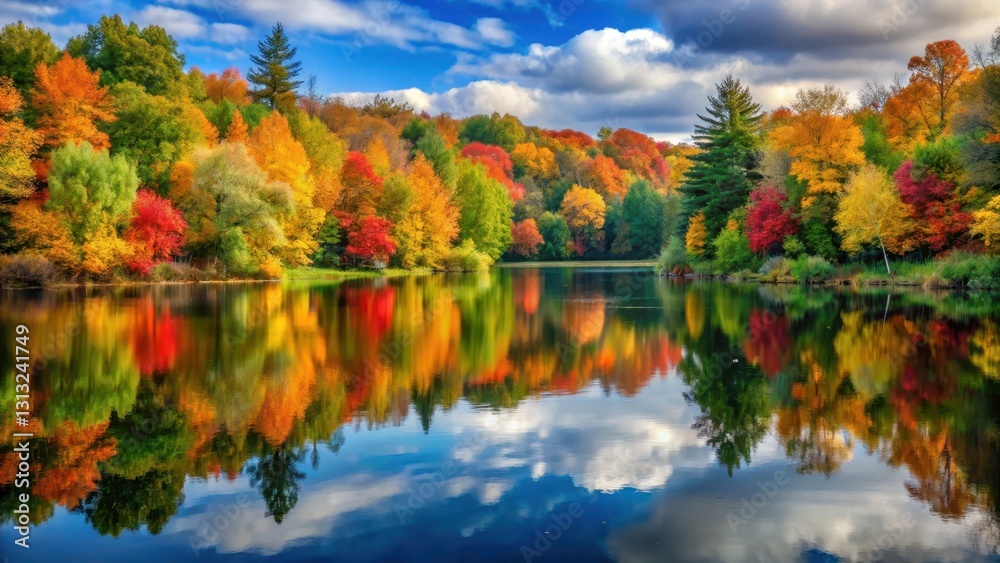 Serene autumn landscape by tranquil lake with vibrant foliage reflected in calm water surface and surrounded by lush greenery, lake reflection, peaceful atmosphere Serene autumn landscape by tranquil lake with vibrant foliage reflected in calm water surface and surrounded by lush greenery, lake reflection, peaceful atmosphere