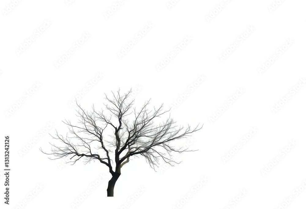 Obraz premium Lone deciduous tree, stark branches against pure white, silhouette, illustration
