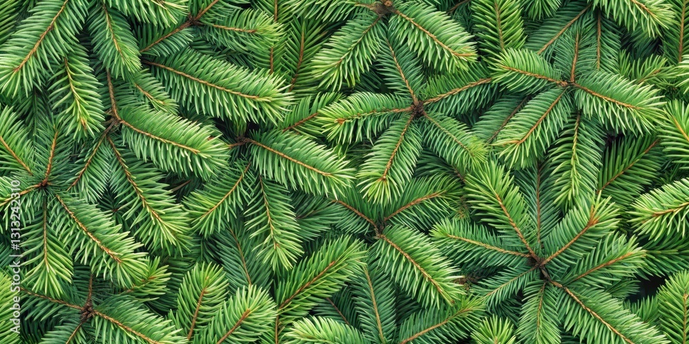 A seamless background featuring a dense and intricate pattern of coniferous branches with soft A seamless background featuring a dense and intricate pattern of coniferous branches with soft