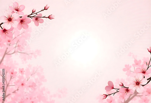 Cherry blossom branches with pink flowers on a light background 
