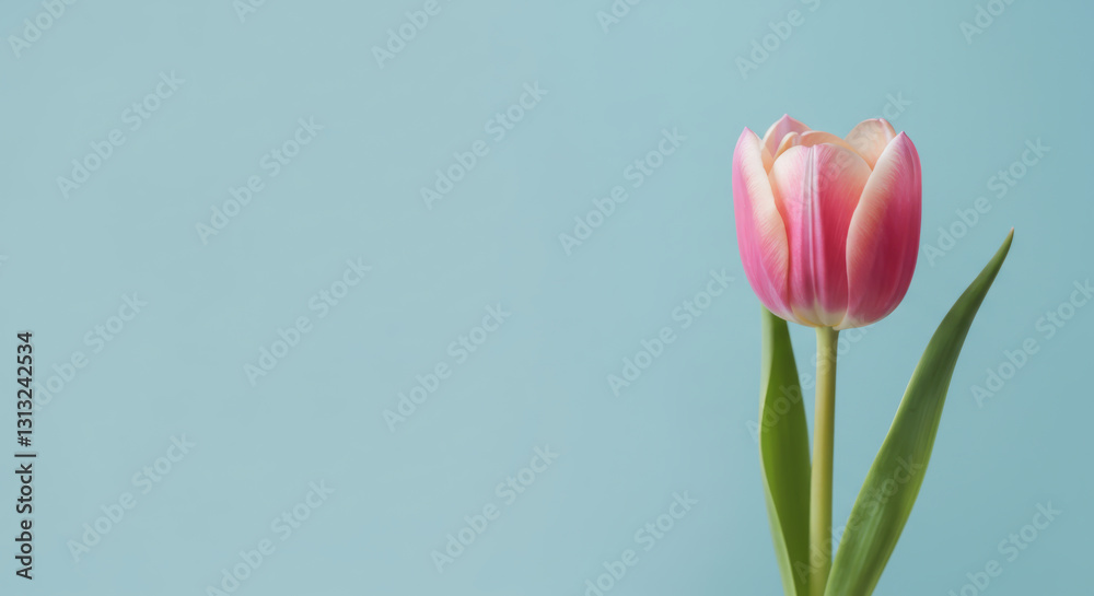 Fototapeta premium A single pink tulip with its green leaves stands alone
