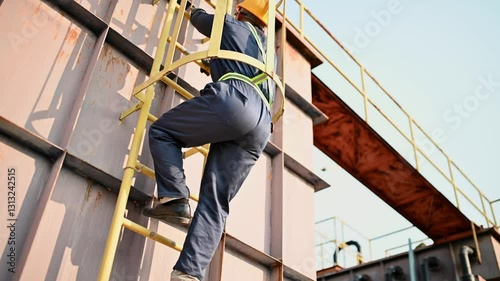 A maintenance worker climbs up a steel ladder to check the water level in a water tank.