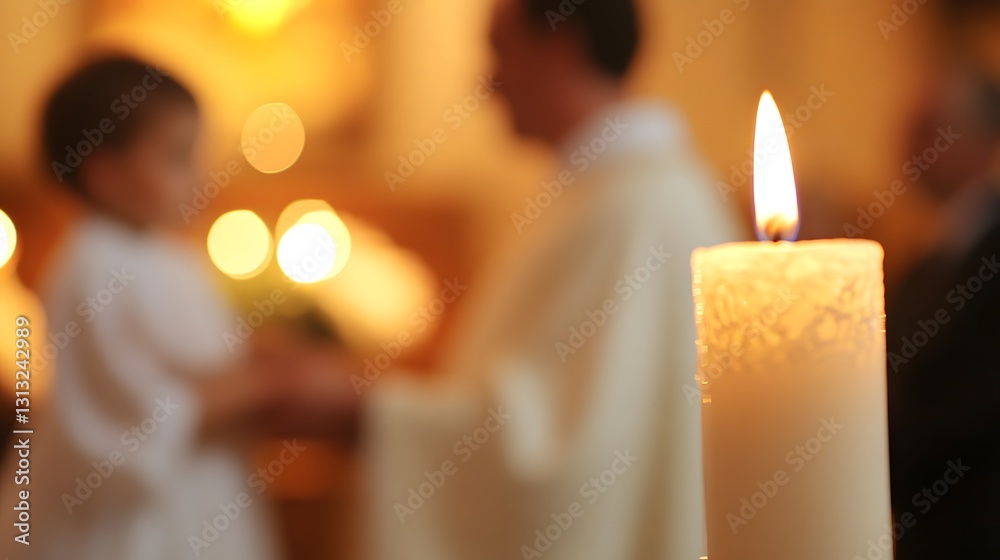 A lit candle in the foreground with a blurred background of a child and priest, likely during a religious ceremony. Warm lighting and a peaceful atmosphere are depicted. A lit candle in the foreground with a blurred background of a child and priest, likely during a religious ceremony. Warm lighting and a peaceful atmosphere are depicted.