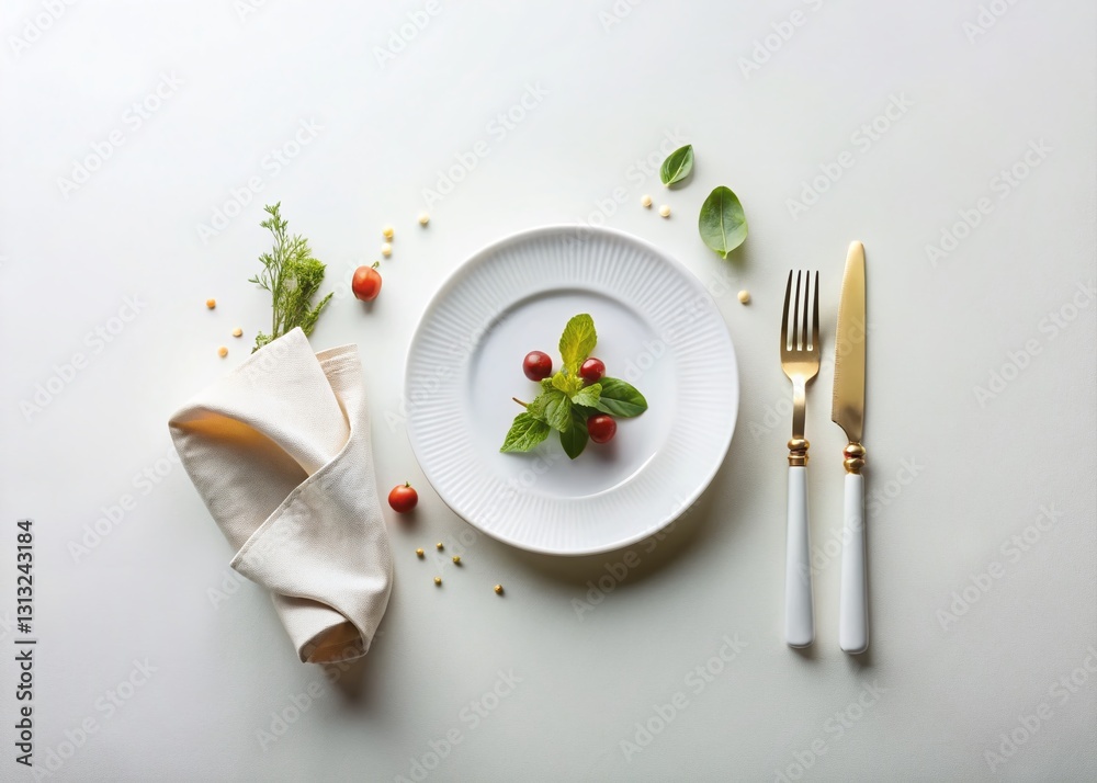 Elegant White Table Setting with Minimalist Food Styling, Clean Background, Restaurant Food Photography Elegant White Table Setting with Minimalist Food Styling, Clean Background, Restaurant Food Photography