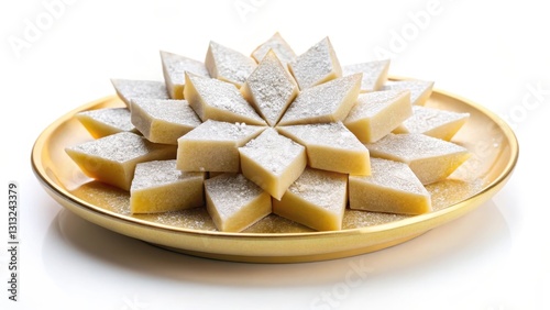 Kaju Katli sweet isolated on white background, dessert plate, nutty flavor