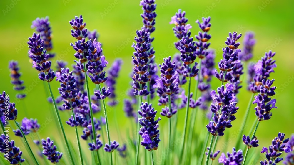 Naklejka premium Purple lavender flowers blooming in a garden; green grassy bokeh background creates serenity