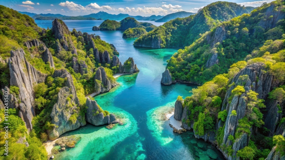 Breathtaking aerial view of stunning turquoise lagoon surrounded by towering limestone cliffs and rugged rocky shores in Coron, Philippines , rocky shores, philippines Breathtaking aerial view of stunning turquoise lagoon surrounded by towering limestone cliffs and rugged rocky shores in Coron, Philippines , rocky shores, philippines