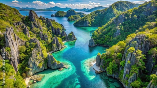 Breathtaking aerial view of stunning turquoise lagoon surrounded by towering limestone cliffs and rugged rocky shores in Coron, Philippines , rocky shores, philippines