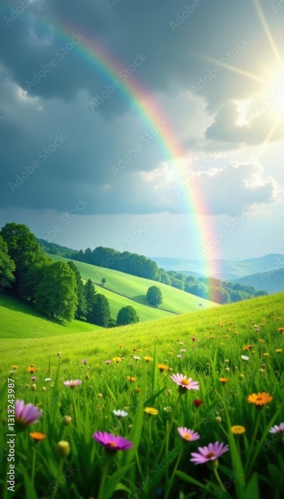 Naklejka premium Sun-drenched meadow, vibrant rainbow arcing over lush green hills after summer shower , arc, clouds