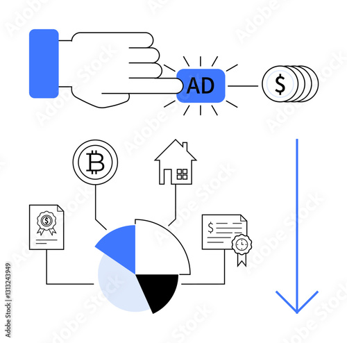 Hand pressing ad button linked to cryptocurrency, real estate, and certificates via pie chart flow. Ideal for finance, investment, advertising, digital marketing, economy, technology business
