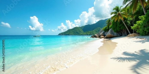 Sun-drenched sand  turquoise water  lush island backdrop  coral  vacation