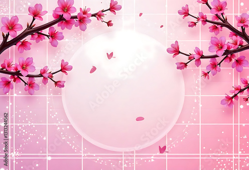 Cherry blossom branches with pink flowers on a light background 