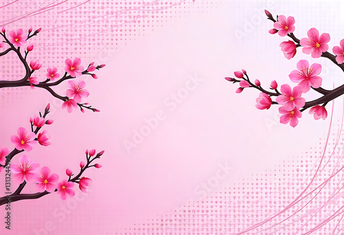 Cherry blossom branches with pink flowers on a light background 