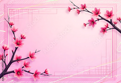 Cherry blossom branches with pink flowers on a light background 