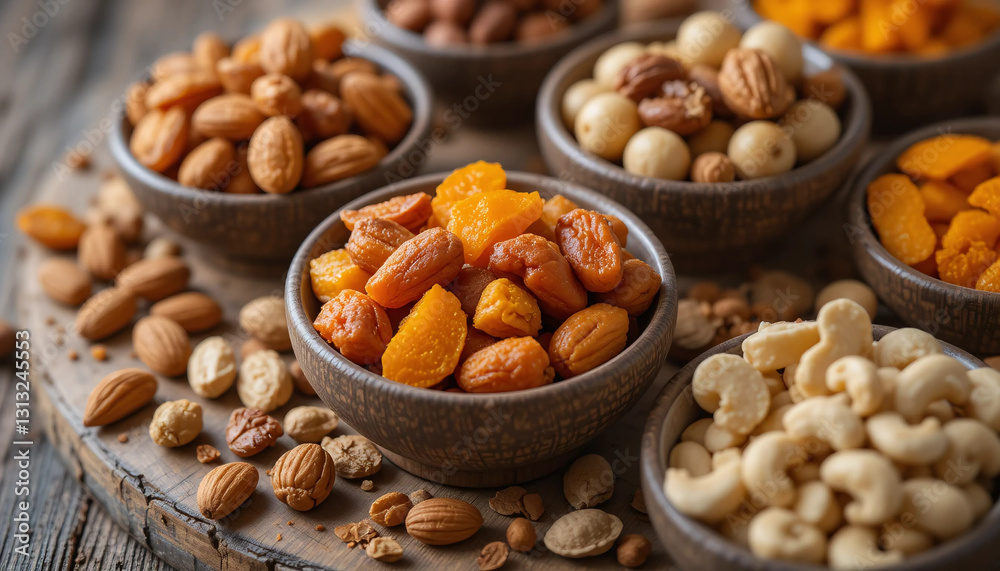 A beautifully arranged assortment of nuts and dried fruits in small wooden bowls on a rustic wooden board A beautifully arranged assortment of nuts and dried fruits in small wooden bowls on a rustic wooden board