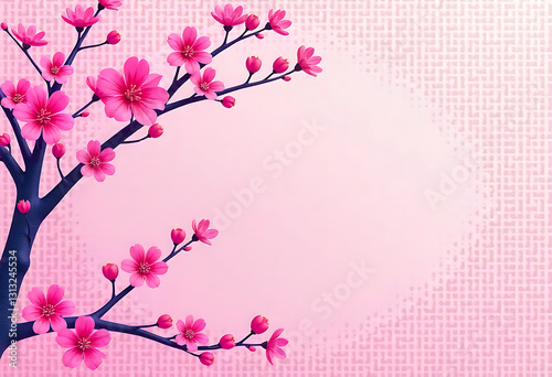 Cherry blossom branches with pink flowers on a light background 
