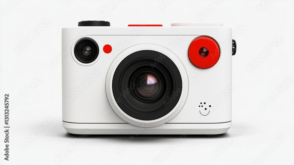 White camera with red accents against white background White camera with red accents against white background