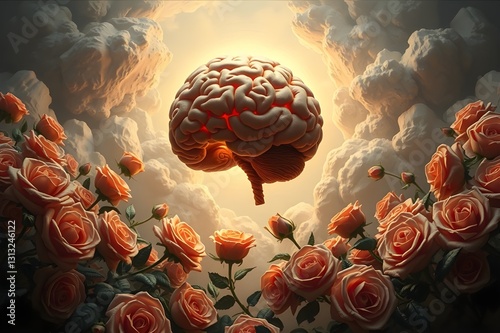 A floating human brain on a background decorated with roses. mental health concept.