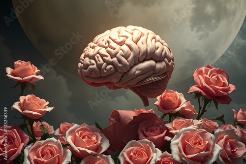 A floating human brain on a background decorated with roses. mental health concept.