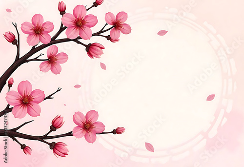 Cherry blossom branches with pink flowers on a light background 