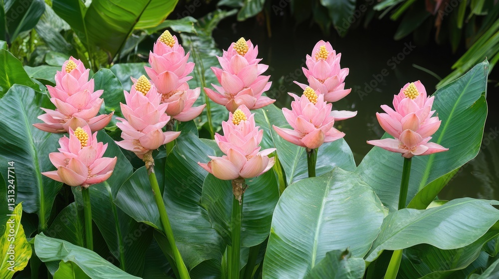 Pink Torch Ginger Blossoms Amidst Lush Green Foliage Pink Torch Ginger Blossoms Amidst Lush Green Foliage