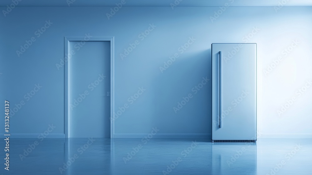 Empty, blue room with closed door and metallic refrigerator