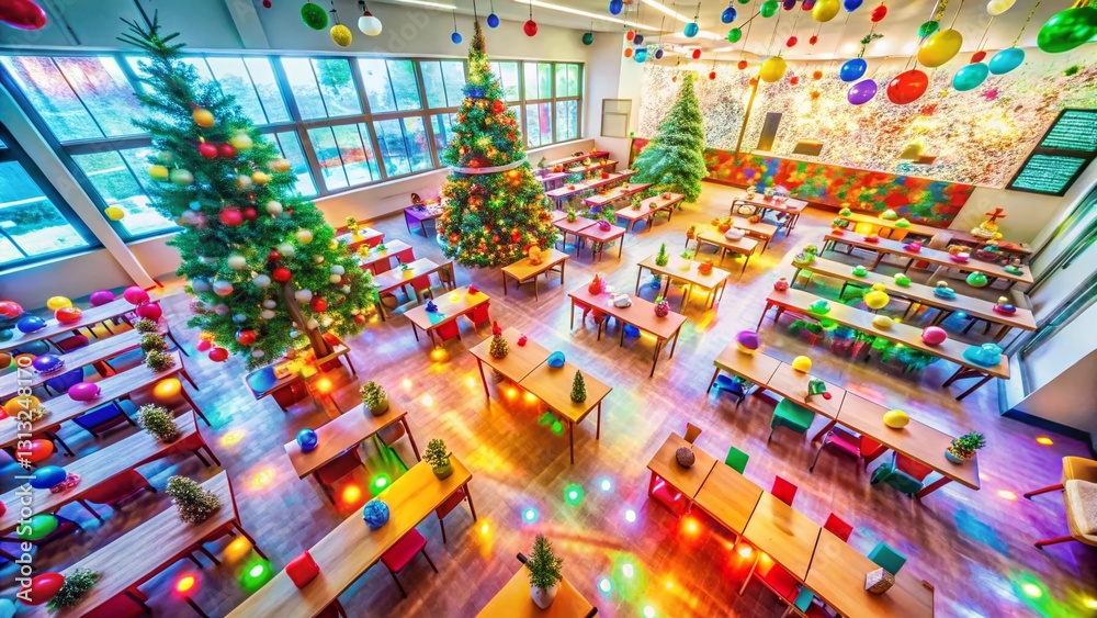 Fototapeta premium Festive Glitch Art School Classroom Drone Shot: Vibrant Holiday Decor & Digital Distortion
