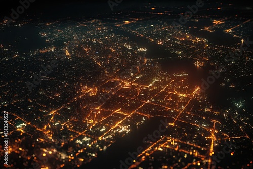 Aerial view of a city at night, glowing lights, blurred urban landscape photo