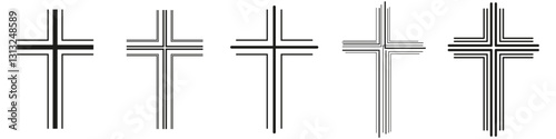 Set of Christian crosses of various designs, modern style. Crucifixion line art icons. Flat vector illustration isolated on white background.