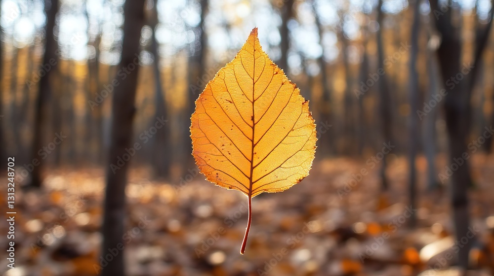Obraz premium Sunlight filtering through tall trees with a single glowing leaf in soft focus, warm natural tones and peaceful forest atmosphere