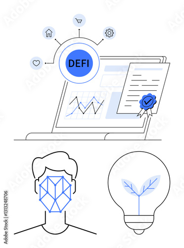 Laptop displaying decentralized finance data and certified document, human face with polygonal recognition grid, light bulb with leaf pattern. Ideal for DeFi, identity verification, sustainability