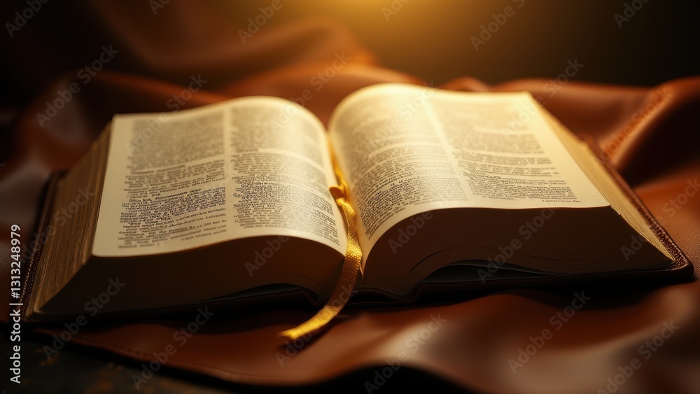 Fototapeta premium Bible with bookmark, A Bible lies open under amber light marked by an ornate golden sign showing holy wisdom through rich details.