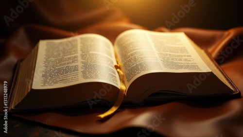 Bible with bookmark, A Bible lies open under amber light marked by an ornate golden sign showing holy wisdom through rich details.