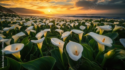 White Calla Lilies Field at Sunset by the Ocean