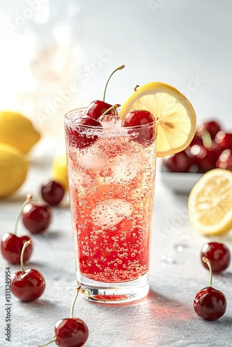 Wallpaper Mural cherry fizz in a tall glass garnished with fresh cherries and lemon wheels. The background is white to highlight the drinks vibrant red tone.  Torontodigital.ca